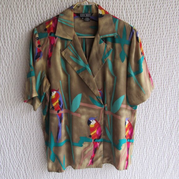 Ann May Tops - 100% Silk Shirt Top Blouse M Vintage 80s Tropical Bird Parrots Ann May Wrap